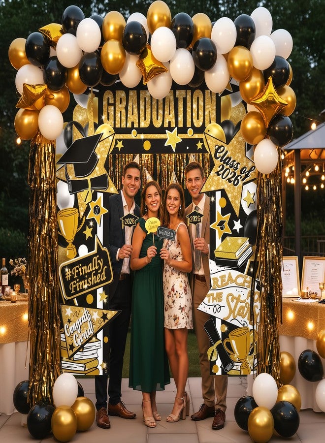 Lofaris 2026 Graduation Decorations Banner Set - 3Pcs Class of 2026 Congrats Grad Banner, Black and Gold Party Supplies, Large Porch Sign Backdrop for Indoor Outdoor Party Decor - Image 2