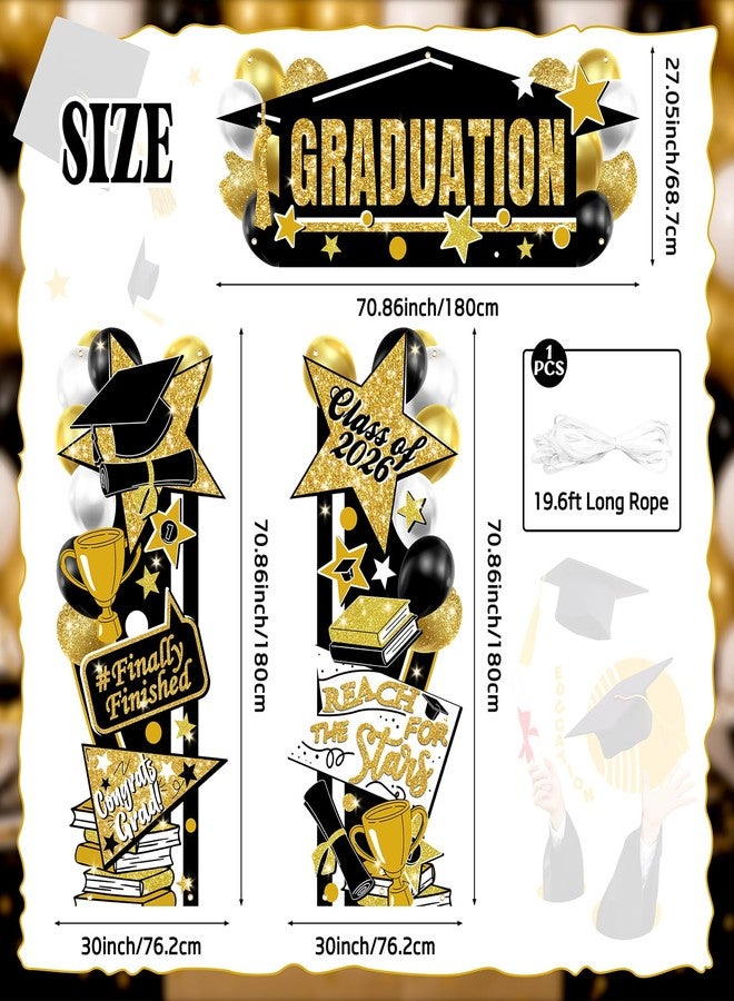 Lofaris 2026 Graduation Decorations Banner Set - 3Pcs Class of 2026 Congrats Grad Banner, Black and Gold Party Supplies, Large Porch Sign Backdrop for Indoor Outdoor Party Decor - Image 3