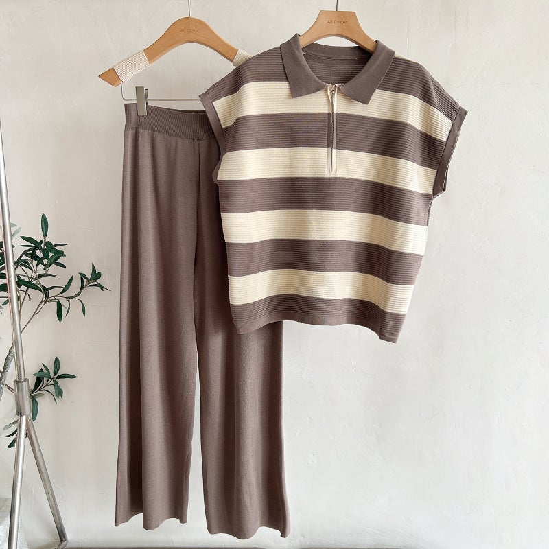 Women's Polo Neck Half Zip Striped Knit Vest Top and High Waist Wide Leg Pants Set - Image 4
