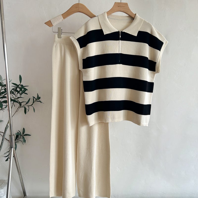 Women's Polo Neck Half Zip Striped Knit Vest Top and High Waist Wide Leg Pants Set - Image 1