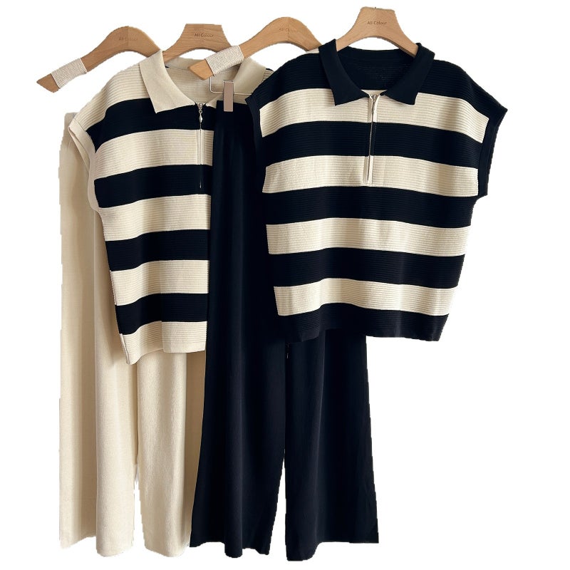 Women's Polo Neck Half Zip Striped Knit Vest Top and High Waist Wide Leg Pants Set - Image 5