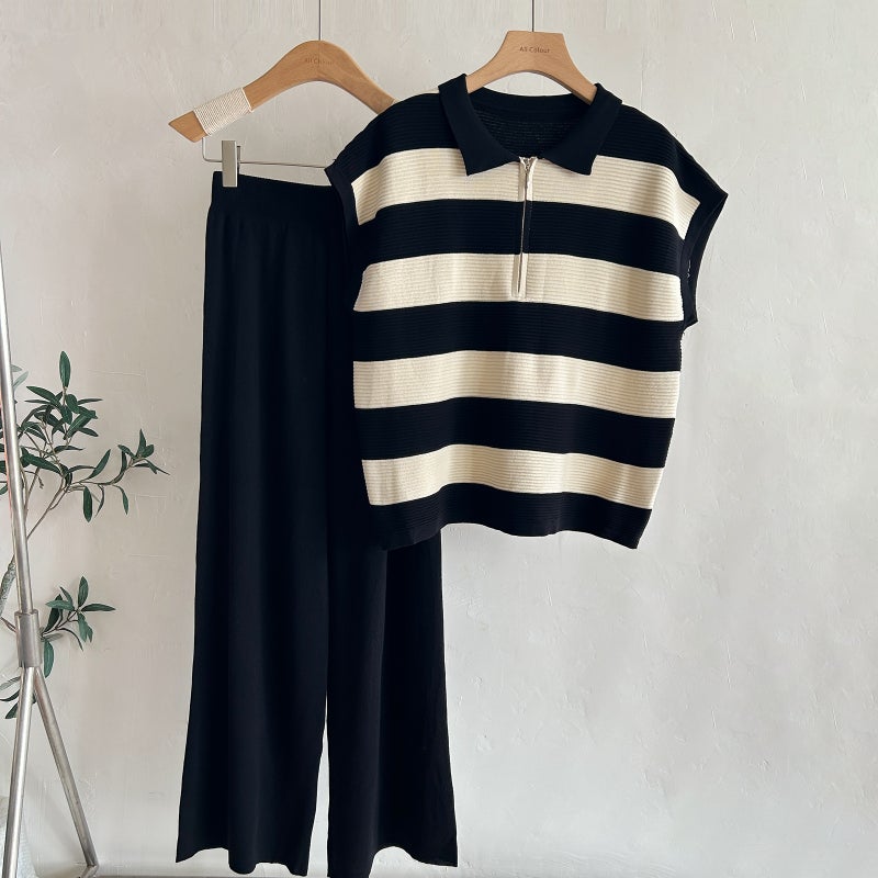 Women's Polo Neck Half Zip Striped Knit Vest Top and High Waist Wide Leg Pants Set - Image 2