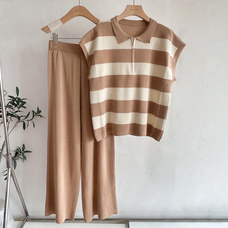Women's Polo Neck Half Zip Striped Knit Vest Top and High Waist Wide Leg Pants Set - Image 3