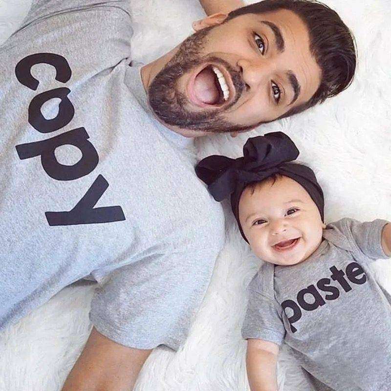 Father & Baby Matching Outfit “Copy Paste” Printed T-Shirt & Romper Set, Funny Dad and Baby Clothes, Soft Cotton Short Sleeve Daddy & Me Matching Outfit for Photos, Gifts & Casual Wear (Grey)