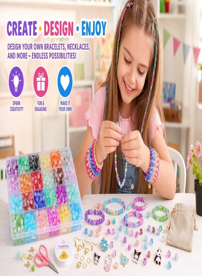 ambitieux DIY Bracelet Making Kit Beads Kit for Bracelet Making (500+ Pieces) Jewellery Kit with Charms & Tools, Bracelet Making Set, Toys for Girls 7-14 Years, Gift for Girls (24 Crackle Beads) - Image 2