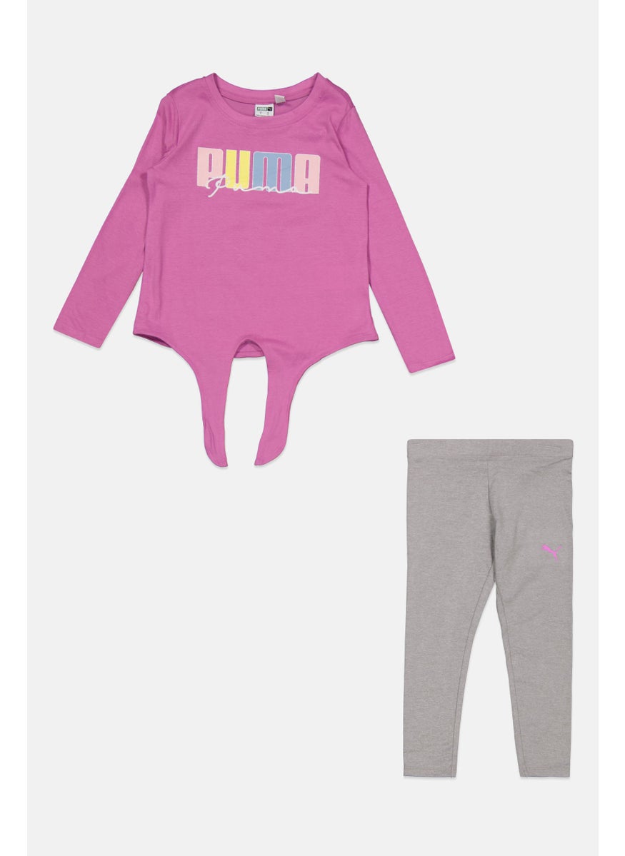 PUMA ملابس رياضية للبنات 2 قطعة مع شعار العلامة التجارية، وردي غامق/رمادي  - Image 1