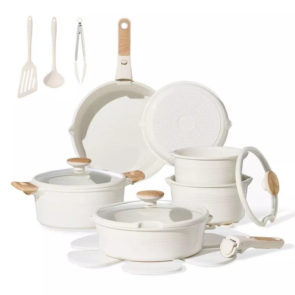 Carote 24-Piece Ceramic Nonstick Cookware Set with Detachable Handle, PFAS-Free Healthy Cooking Pots & Pans, Stackable Design with Pour Spouts, All-Stovetop Compatible, Dishwasher Safe (Cream)