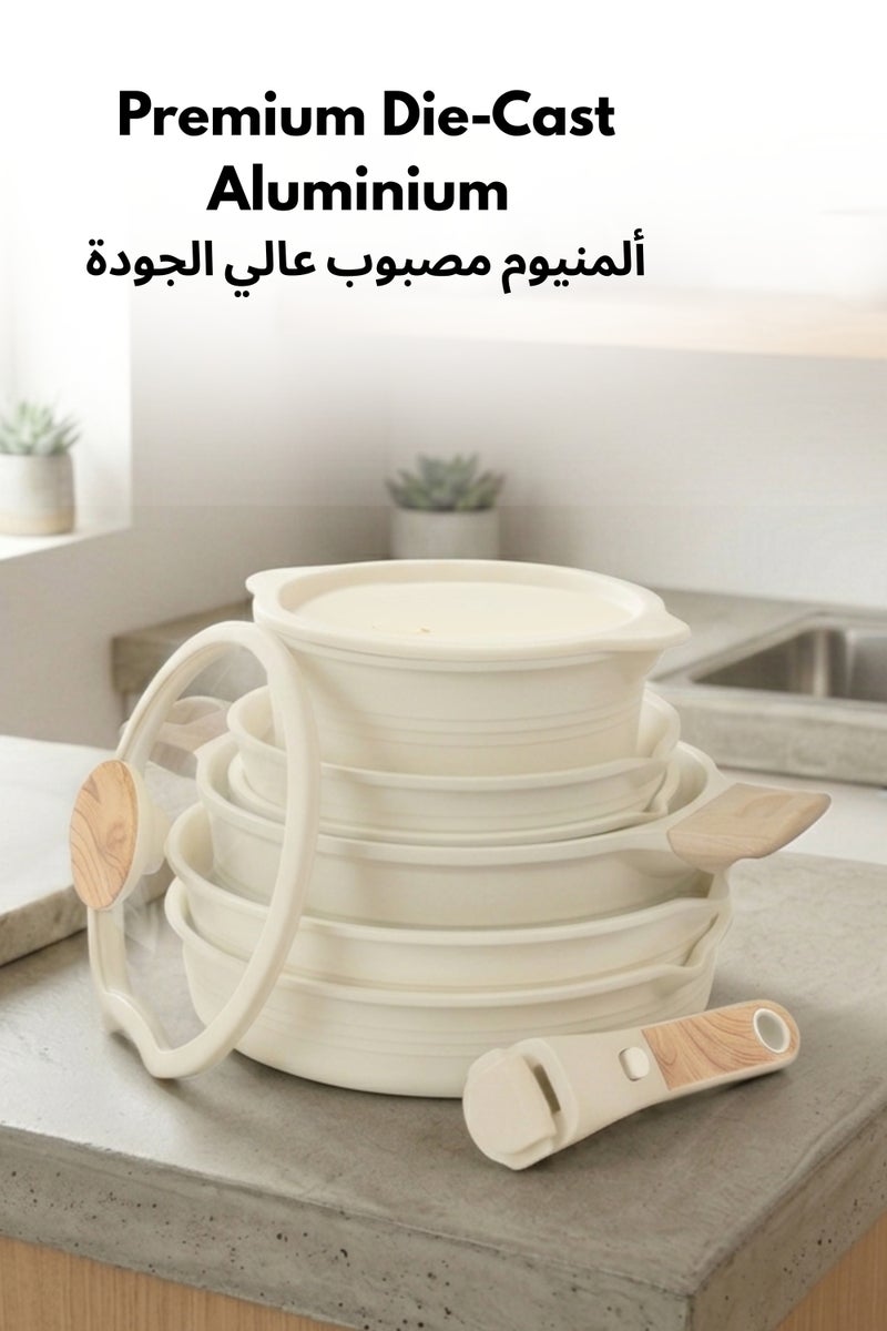 كاروت طقم أواني كاروت 24 قطع سيراميك غير لاصق بمقابض قابلة للفصل، خالٍ من PFAS لطهي صحي، تصميم قابل للتكديس مع فتحات صب، متوافق مع جميع المواقد وآمن لغسالة الصحون (كريمي) - Image 5