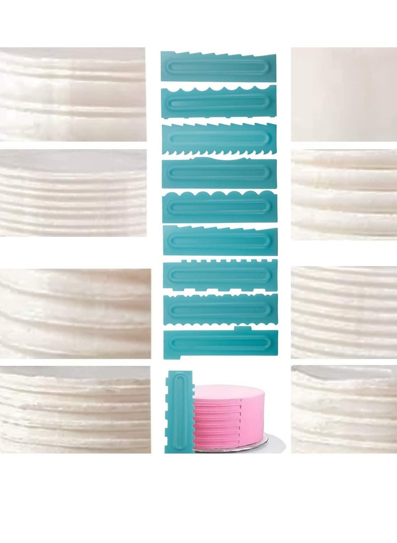 Plastic Cake Scraper Set, 9 Pieces Cake Cream Scrapers Combs Fondant Dessert Pattern Styling Tool Baking Mould (Light Blue)