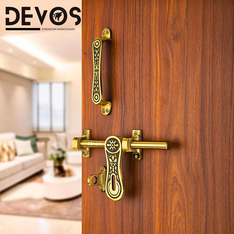 Devos Royal Charms Antique Aluminium Single Door Fittings Set | Hardware Accessories Kit, Brass Antique Finish | 1 Big Aldrop 10'',2 Handles 6'',1 Latch 7'',1 Stopper 6 - Image 3