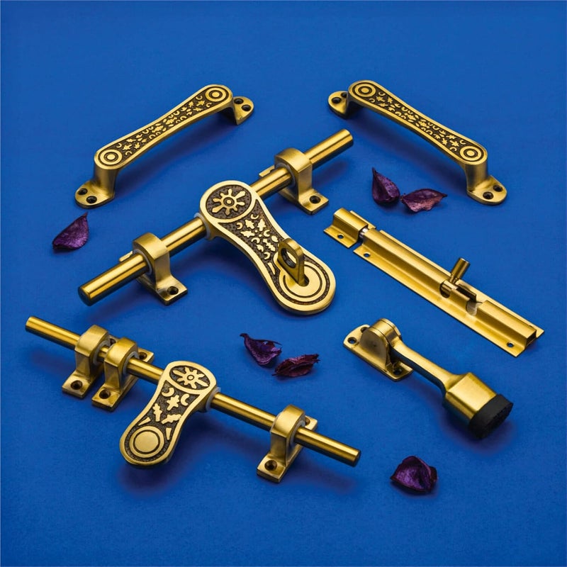 Devos Royal Charms Antique Aluminium Single Door Fittings Set | Hardware Accessories Kit, Brass Antique Finish | 1 Big Aldrop 10'',2 Handles 6'',1 Latch 7'',1 Stopper 6 - Image 1
