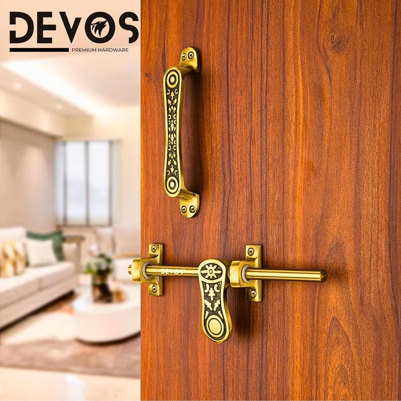 Devos Royal Charms Antique Aluminium Single Door Fittings Set | Hardware Accessories Kit, Brass Antique Finish | 1 Big Aldrop 10'',2 Handles 6'',1 Latch 7'',1 Stopper 6 - Image 4