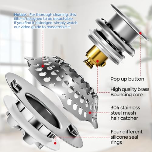 zaa Bathtub Drain Stopper, Upgraded 2in1 Tub Stopper Bathtub Drain Cover and Hair Catcher, Pop Up Bathtub Drain Plug, Replaces Lift & Turn, Tip-Toe or Trip Lever, for 1.46-2" W Drain Hole, Silver - Image 4