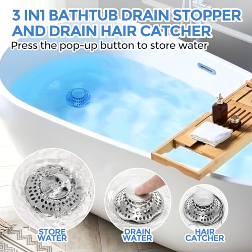 zaa Bathtub Drain Stopper, Upgraded 2in1 Tub Stopper Bathtub Drain Cover and Hair Catcher, Pop Up Bathtub Drain Plug, Replaces Lift & Turn, Tip-Toe or Trip Lever, for 1.46-2" W Drain Hole, Silver - Image 2