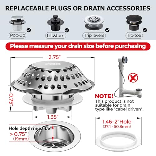 zaa Bathtub Drain Stopper, Upgraded 2in1 Tub Stopper Bathtub Drain Cover and Hair Catcher, Pop Up Bathtub Drain Plug, Replaces Lift & Turn, Tip-Toe or Trip Lever, for 1.46-2" W Drain Hole, Silver - Image 3
