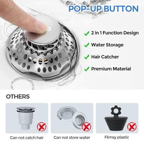 zaa Bathtub Drain Stopper, Upgraded 2in1 Tub Stopper Bathtub Drain Cover and Hair Catcher, Pop Up Bathtub Drain Plug, Replaces Lift & Turn, Tip-Toe or Trip Lever, for 1.46-2" W Drain Hole, Silver - Image 5