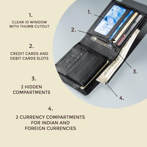 Contacts Wallet for Men Leather Original | Stylish Purse with RFID Blocking | Card Holder Slots ID Window Coin Pocket and 2 Cash Compartments | Gift for Man (203-Black) - Image 5