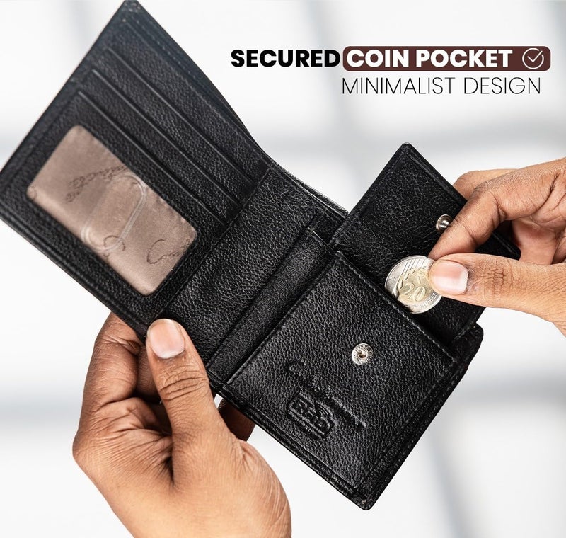 Contacts Wallet for Men Leather Original | Stylish Purse with RFID Blocking | Card Holder Slots ID Window Coin Pocket and 2 Cash Compartments | Gift for Man (203-Black) - Image 4