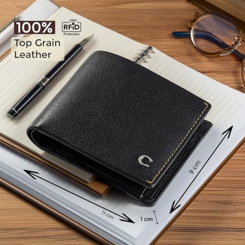 Contacts Wallet for Men Leather Original | Stylish Purse with RFID Blocking | Card Holder Slots ID Window Coin Pocket and 2 Cash Compartments | Gift for Man (203-Black) - Image 3