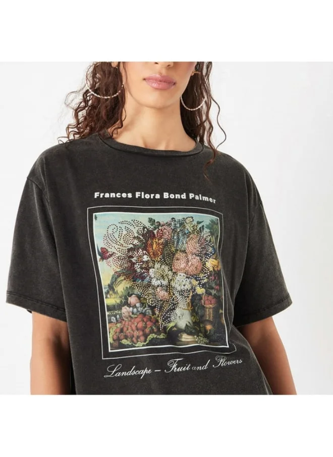 SP Characters Embellished T-shirt with Crew Neck and Short Sleeves