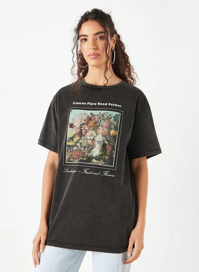 Embellished T-shirt with Crew Neck and Short Sleeves