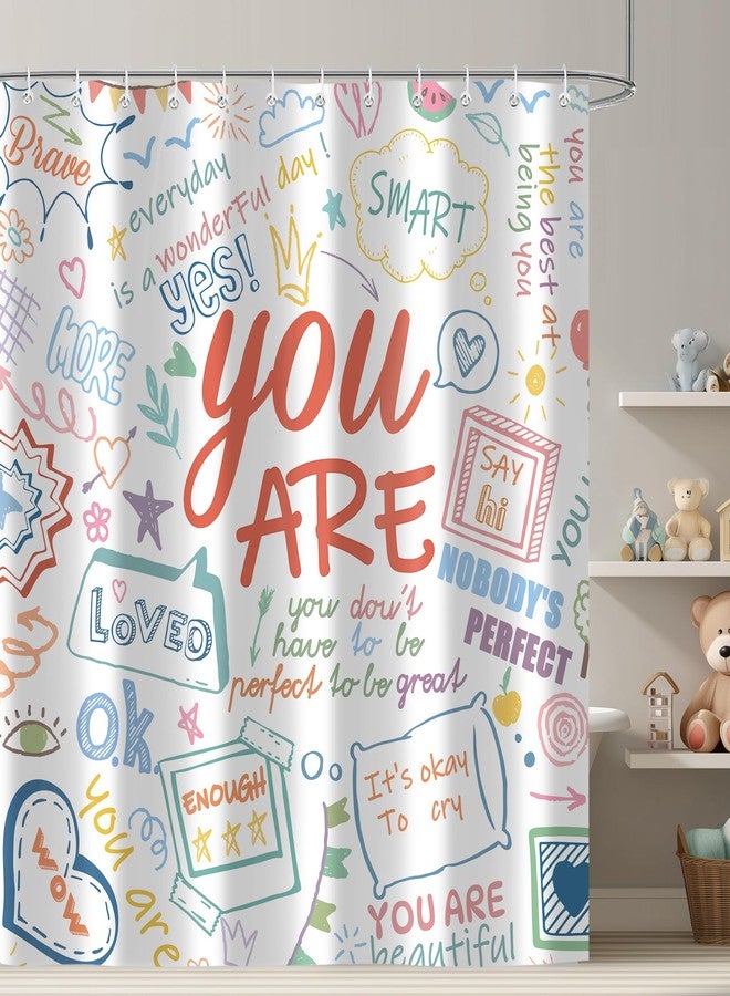 iTapnoom Funny Kids Inspirational Quotes Shower Curtain, Colorful Positive Words Graffiti Artwork Unisex Bathroom Decor Set, Waterproof Polyester Fabric Bath Curtain with Hooks 72x72 Inch - Image 1