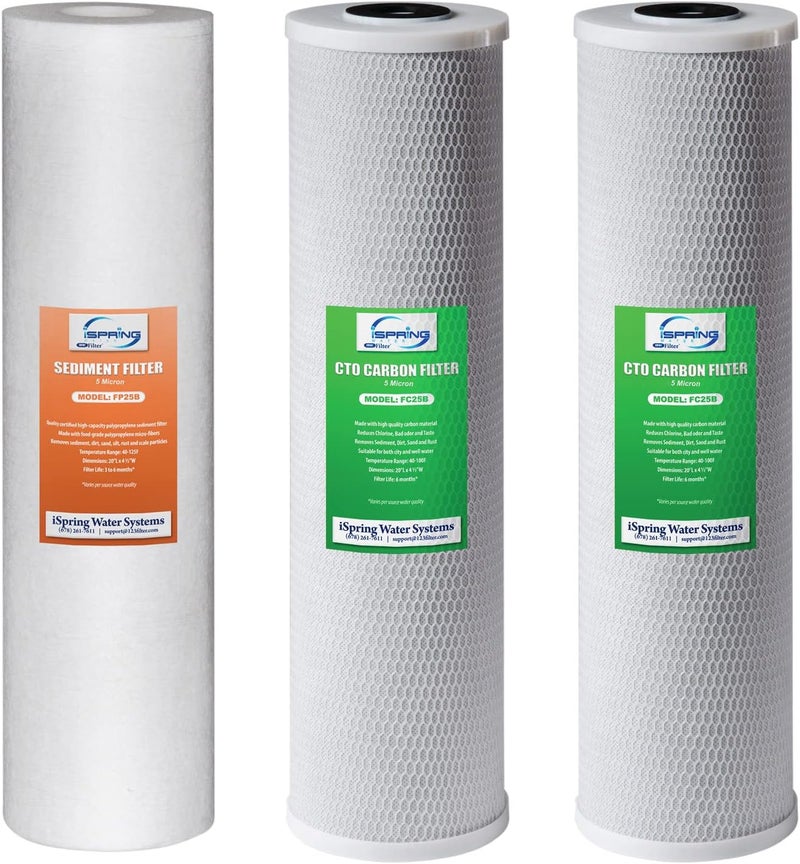 iSpring F3WGB32B 4.5” x 20” مجموعة استبدال فلتر المياه المنزلي 3 مراحل مع خراطيش ترشيح الرواسب والكربون تقلل حتى 99% من الكلور، أبيض - Image 1