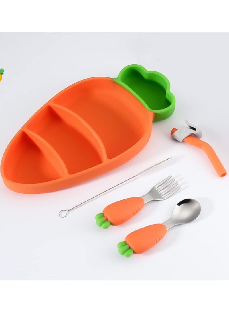 Y&D Dinner Plate, Feeding Child Silica Gel with Suction Cup Fork and Spoon Set Removable Straw Grid, Divided Design Non-Slip, BPA Free, Microwave Dishwasher Safe (Orange Carrot) - Image 1