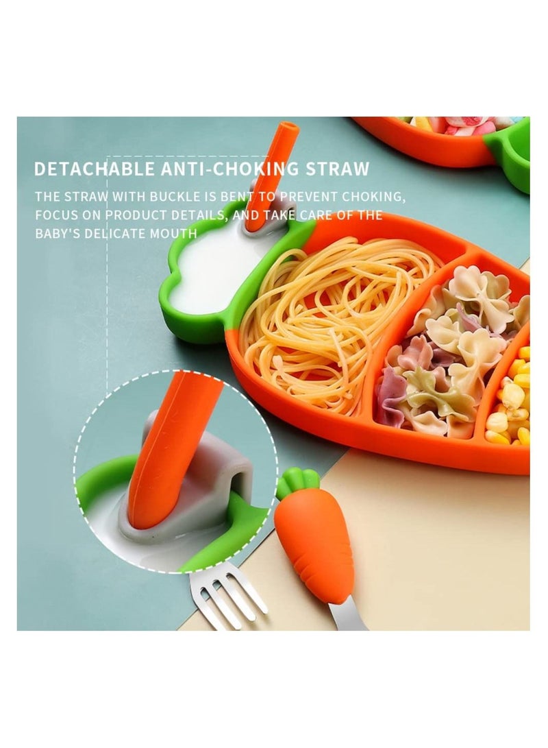 Y&D Dinner Plate, Feeding Child Silica Gel with Suction Cup Fork and Spoon Set Removable Straw Grid, Divided Design Non-Slip, BPA Free, Microwave Dishwasher Safe (Orange Carrot) - Image 5