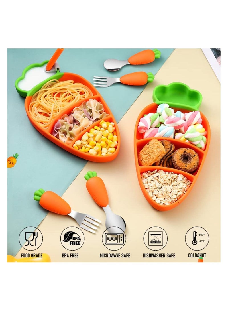 Y&D Dinner Plate, Feeding Child Silica Gel with Suction Cup Fork and Spoon Set Removable Straw Grid, Divided Design Non-Slip, BPA Free, Microwave Dishwasher Safe (Orange Carrot) - Image 2