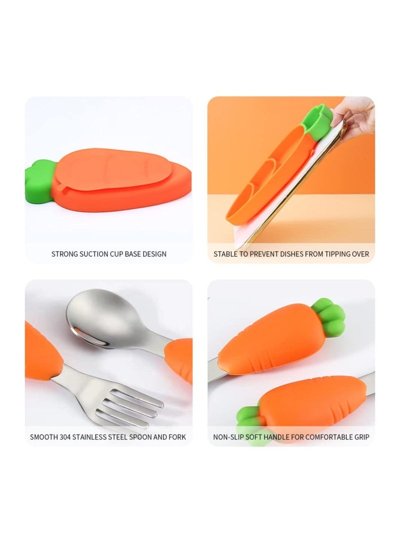 Y&D Dinner Plate, Feeding Child Silica Gel with Suction Cup Fork and Spoon Set Removable Straw Grid, Divided Design Non-Slip, BPA Free, Microwave Dishwasher Safe (Orange Carrot) - Image 4