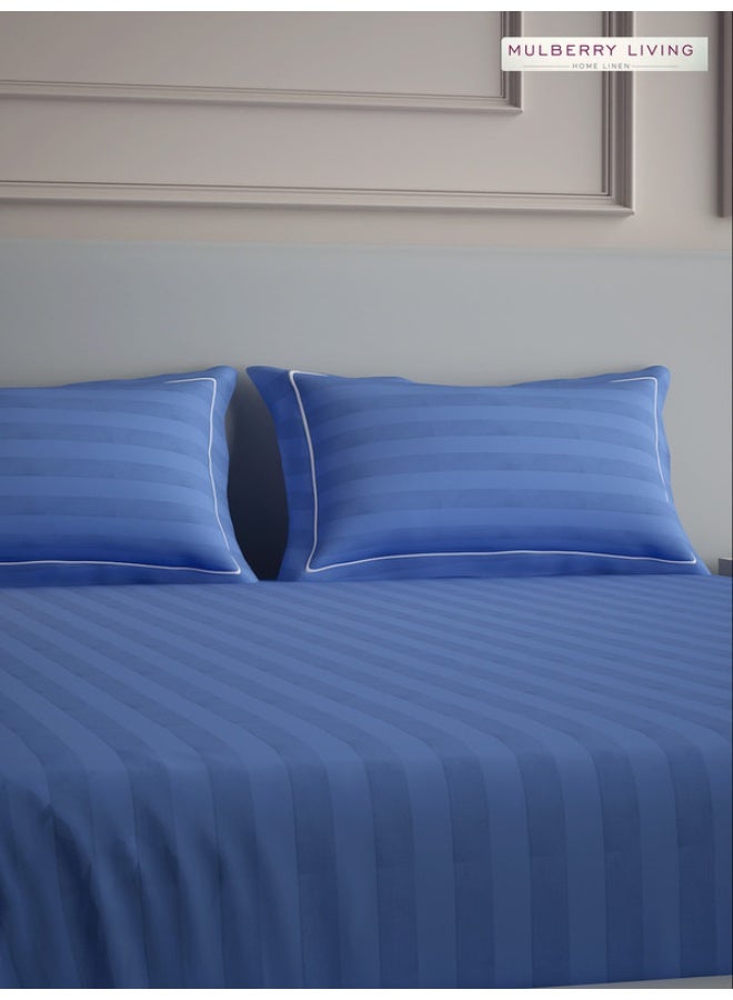 MULBERRY LIVING 100% Cotton - 300Tc Elysian Stripes Queen Size (250X260 Cms) Flat Bedsheet With 2 Pillow Covers (50X75 Cm) - Mediterranean Blue  - Image 5