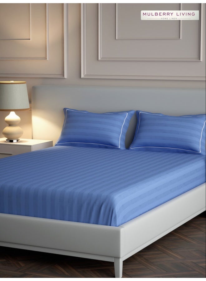 MULBERRY LIVING 100% Cotton - 300Tc Elysian Stripes Queen Size (250X260 Cms) Flat Bedsheet With 2 Pillow Covers (50X75 Cm) - Mediterranean Blue  - Image 2