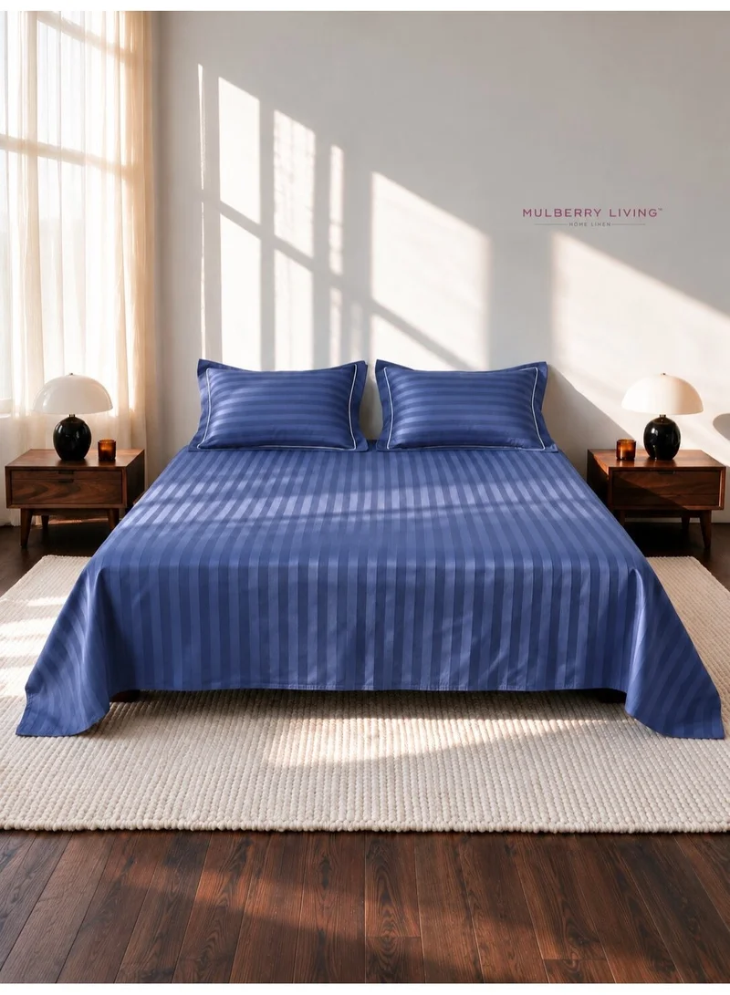 Mulberry Living 100% Cotton Queen Flat Bedsheet with 2 Pillow covers - 300Tc Elysian Stripes - Mediterranean Blue