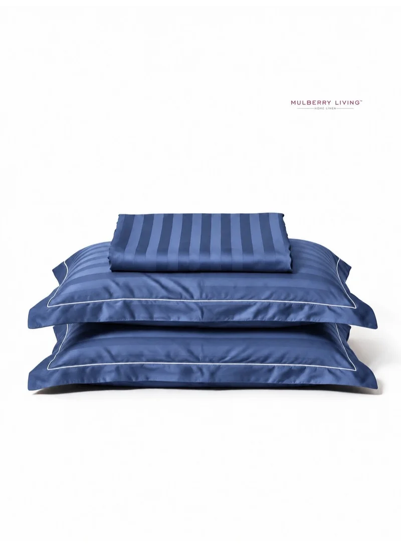 Mulberry Living 100% Cotton Queen Flat Bedsheet with 2 Pillow covers - 300Tc Elysian Stripes - Mediterranean Blue