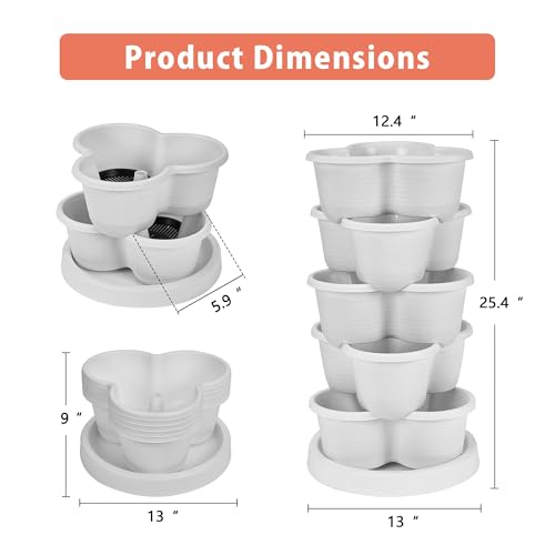 VECELO 5 Tier Vertical Garden Planter, Self Watering Stackable Planters with Wheels for Strawberries, Herbs, Flowers, Vegetables, White - Image 2