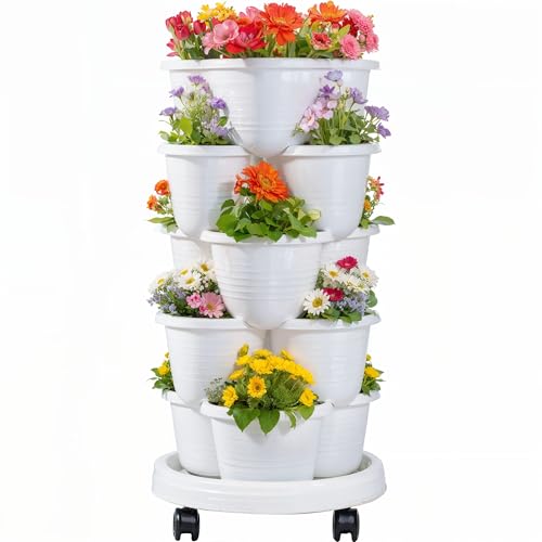 VECELO 5 Tier Vertical Garden Planter, Self Watering Stackable Planters with Wheels for Strawberries, Herbs, Flowers, Vegetables, White - Image 1