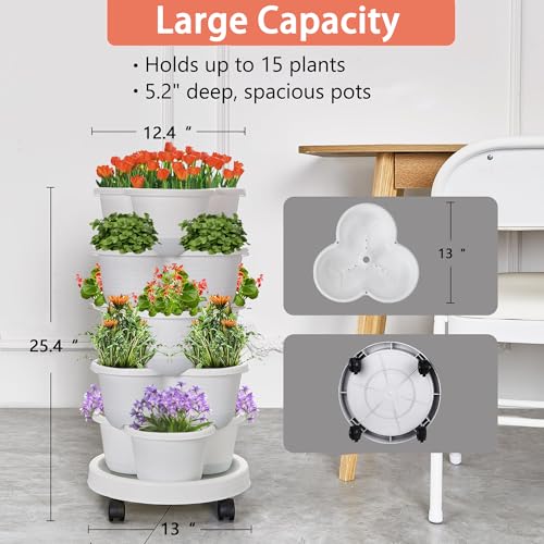 VECELO 5 Tier Vertical Garden Planter, Self Watering Stackable Planters with Wheels for Strawberries, Herbs, Flowers, Vegetables, White - Image 5