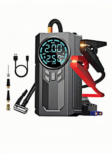 Cordless Car Battery Jump Starter, Smart LED Display 4 in 1 - Tire Pump, Flashlight, SOS Warning, Fast Charging, Black