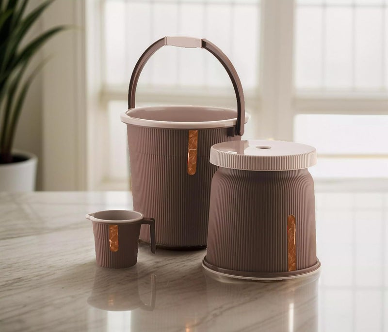 Nabhya Newton Combo of 3 pcs Bathroom Accessories Set Plastic Bathroom Set with 20Ltr Plastic Bucket, Small Mug and Big Stool for Home, Kitchen & Bathroom (Brown) - Image 1