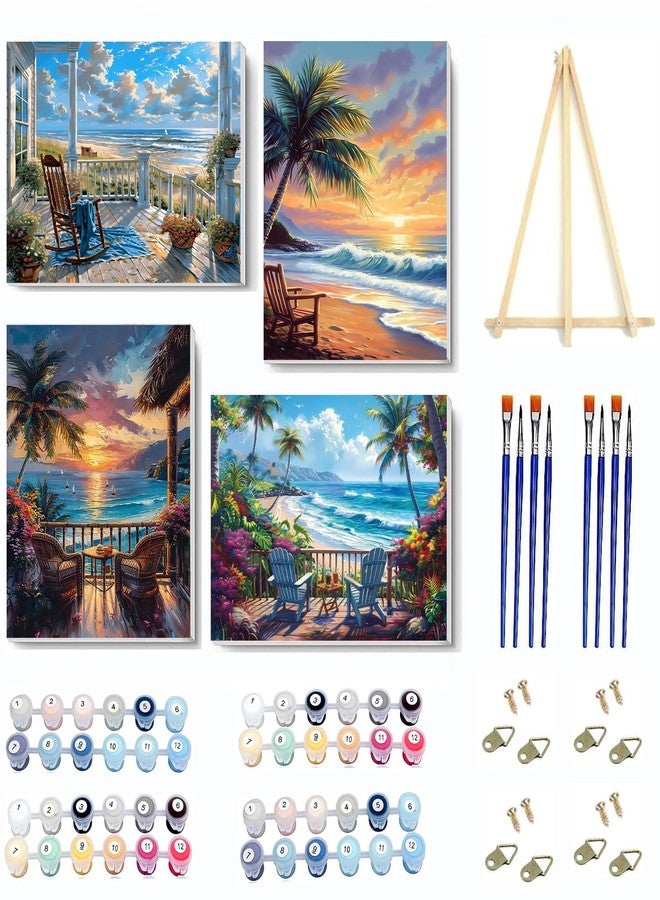 VIGEGU 4 Pack Landscape Paint by Numbers Kit for Adults with Framed,Beach Paint by Number with Wooden Easel DIY Box Pack Acrylic Oil Painting,for Wall Decor 9x12inch - Image 1