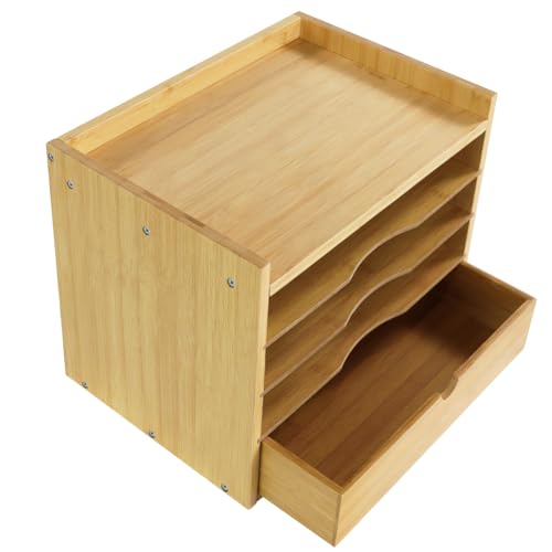KKTONER 5-Tier Bamboo Desk Organizer with Drawer Tabletop File Organizer Document Holder with Shelf Desktop Cabinet for Home Office School Supplies (Natural) - Image 1