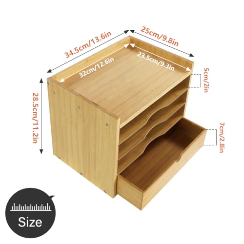 KKTONER 5-Tier Bamboo Desk Organizer with Drawer Tabletop File Organizer Document Holder with Shelf Desktop Cabinet for Home Office School Supplies (Natural) - Image 3