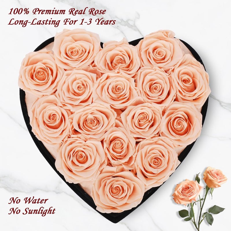 woyoo Luxury Forever Real Roses in Suede Heart-Shaped Box,16 Champagne Preserved Roses Valentines's Day, Forever Flowers for Women,Preserved Flowers Gifts for Delivery Prime Birthday, Mother's Day - Image 2
