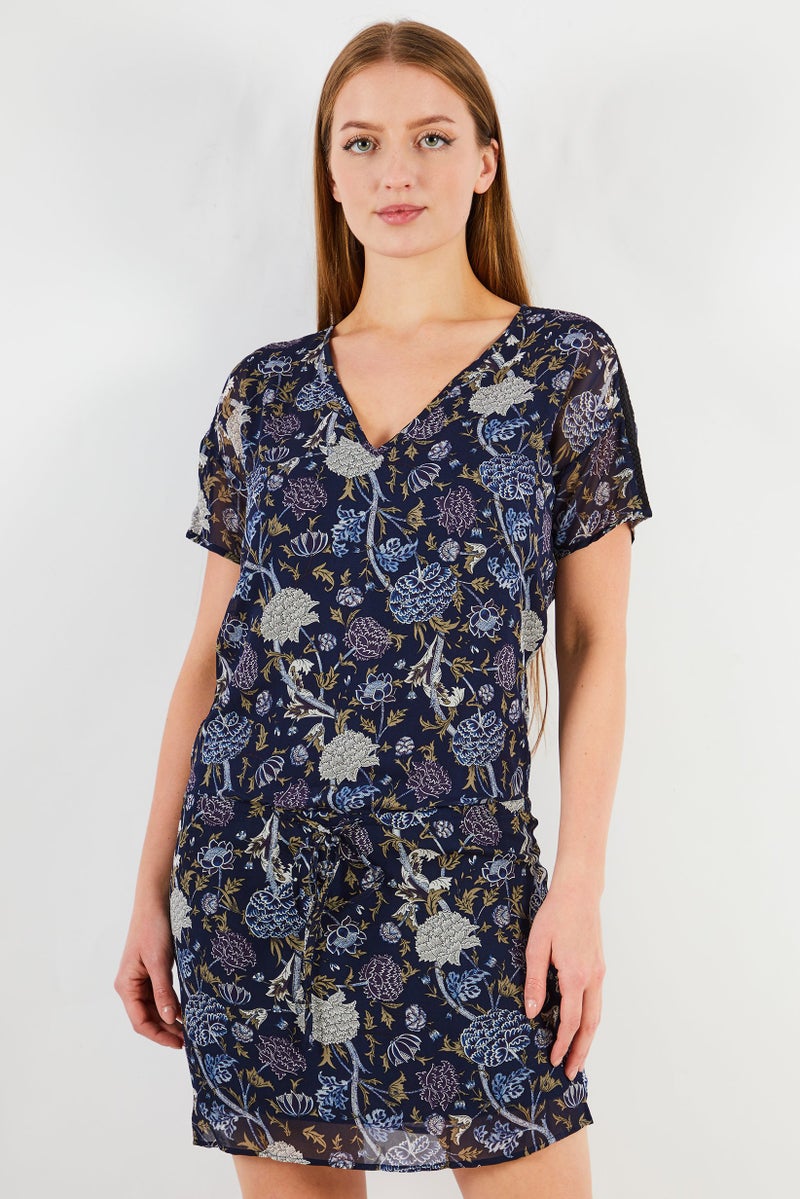 IKKS Women V-Neckline Floral Print Mini Dress, Navy Blue - Image 1
