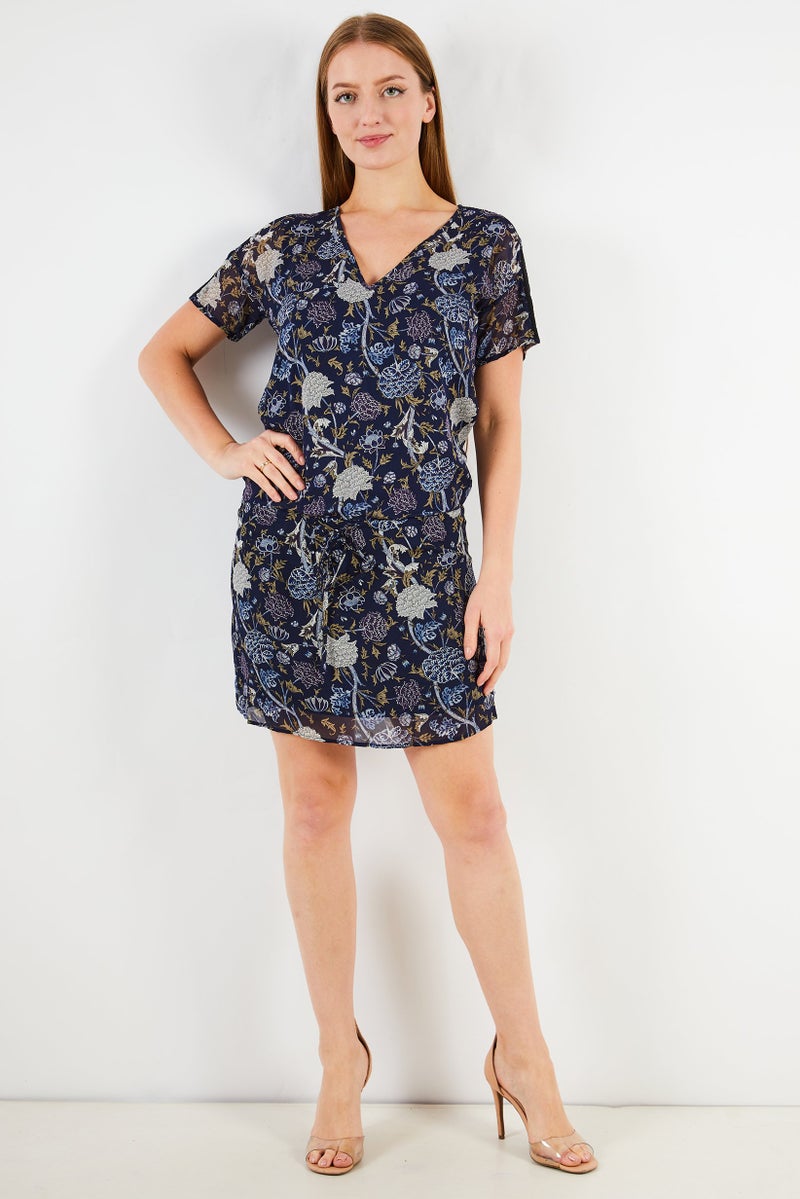 IKKS Women V-Neckline Floral Print Mini Dress, Navy Blue - Image 3