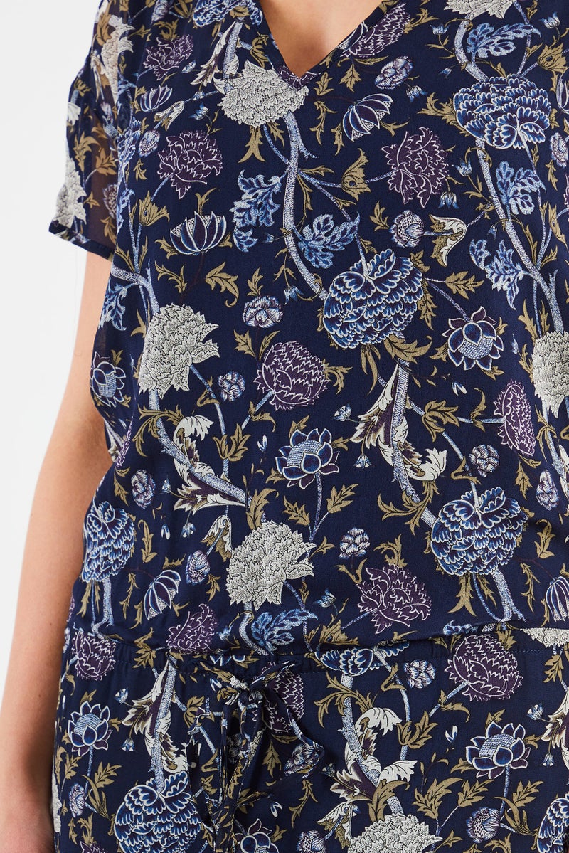 IKKS Women V-Neckline Floral Print Mini Dress, Navy Blue - Image 4