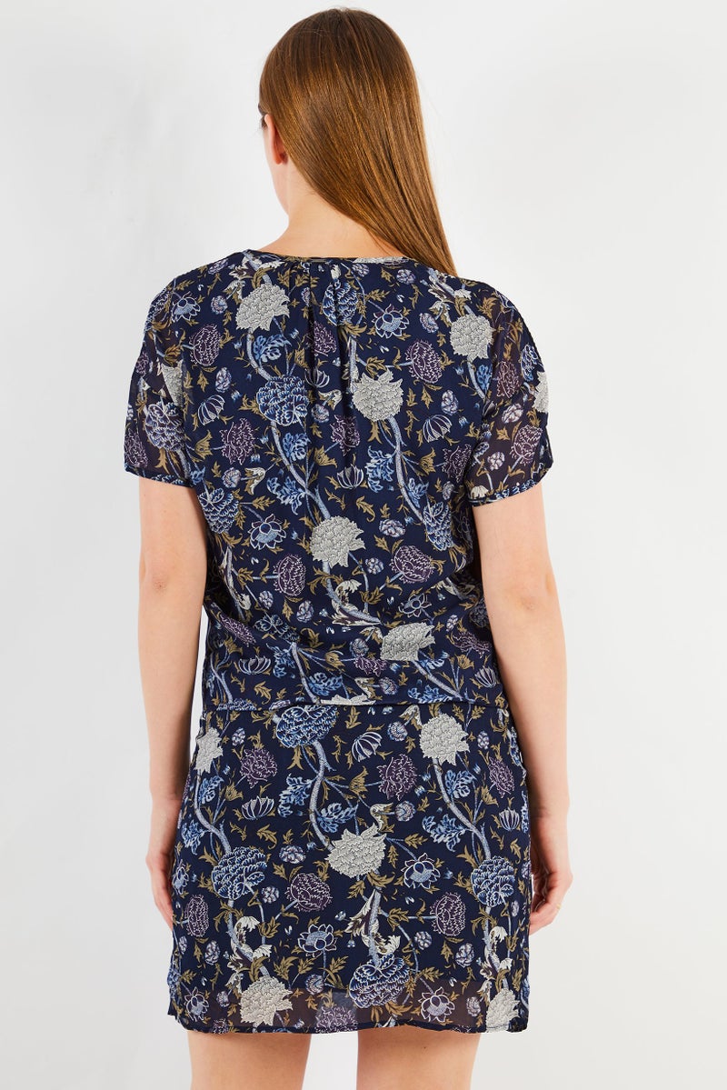 IKKS Women V-Neckline Floral Print Mini Dress, Navy Blue - Image 2