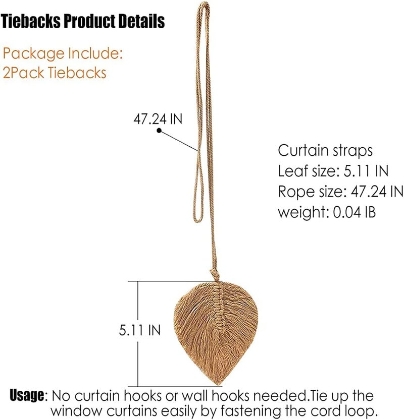 Artilady 2Pack Curtain Tiebacks Handmade Holdbacks - Farmhouse Curtain Tie Back Holder by Hand-Woven Cotton Rope, Bohemian Home Decoration Drapery Holdback (Leaf Brown) - Image 5