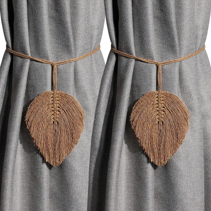 Artilady 2Pack Curtain Tiebacks Handmade Holdbacks - Farmhouse Curtain Tie Back Holder by Hand-Woven Cotton Rope, Bohemian Home Decoration Drapery Holdback (Leaf Brown) - Image 1